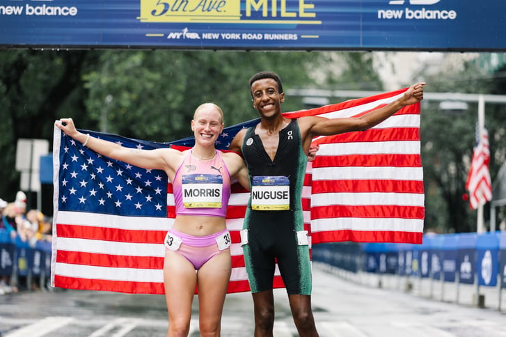 Winners of the New Balance 5th Avenue Mile, Gracie Morris and Yared Nuguse.
