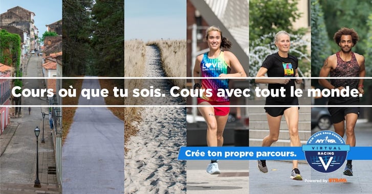 Image of runners with text overlaid: "Cours où que tu sois. Cours avec tout le monde."