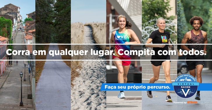 Images of runners with text overlaid: "Corra em qualquer lugar. Compita com todos."