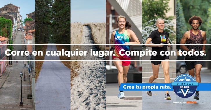 Images of runners with text overlaid: "Corre en cualquier lugar. Compite con todos."