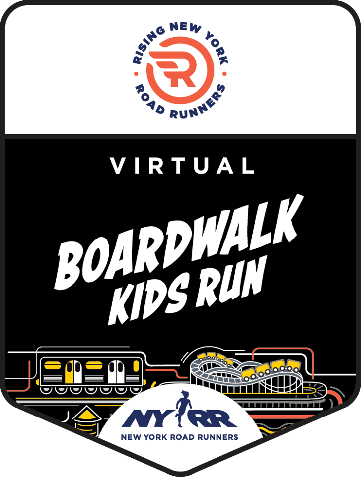 Students running in a race on the Coney Island Boardwalk, with the Rising New York Road Runners Volvo Cars Boardwalk Run logo in the top-right corner