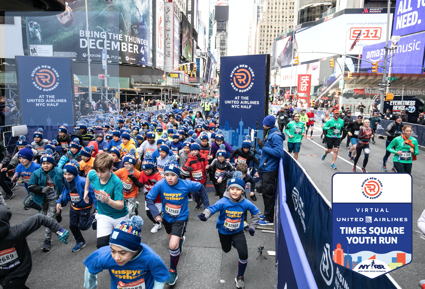 Children running in a race in Times Square, with the Virtual United Airlines Times Square Youth Run logo in the lower-right corner