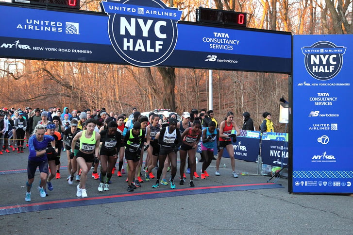 The professional women's runner field at the start of the United Airlines NYC Half in Prospect Park