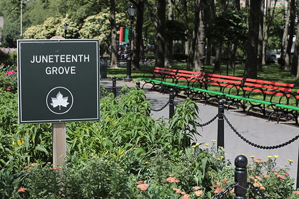 Juneteenth Grove sign and landscape