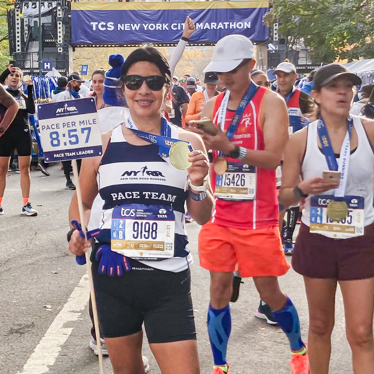 Keila Merino as NYRR pacer after crossing finish line of 2021 TCS NYC Marathon