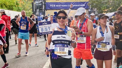Keila Merino as NYRR pacer after crossing finish line of 2021 TCS NYC Marathon