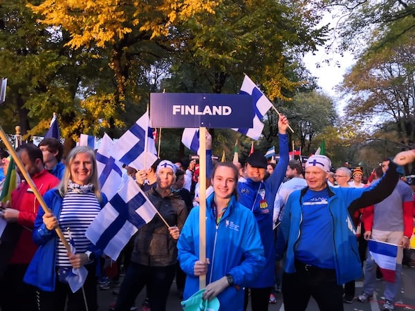 ITO runners from Finland pose at the finish line in NYC.