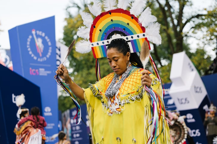Native American dancer at 2022 land acknowledgment at TCS New York City Marathon Opening Ceremony