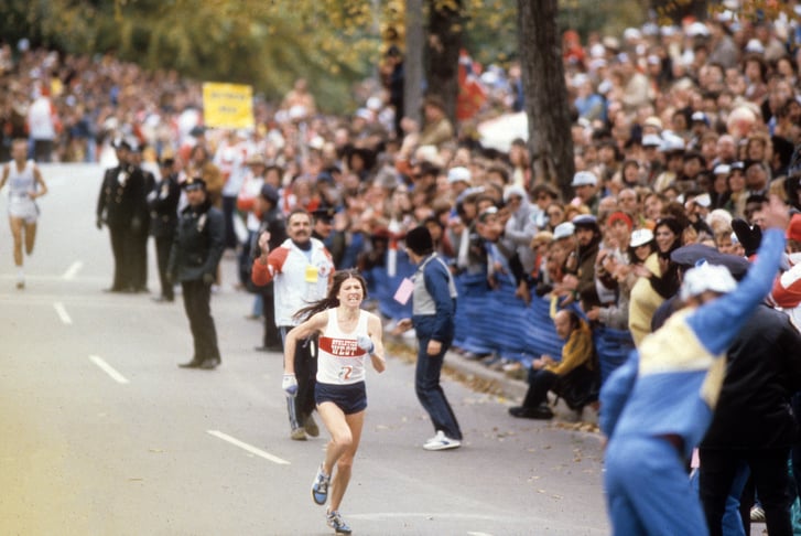 Patti Catalano near finish line of 1980 NYC Marathon