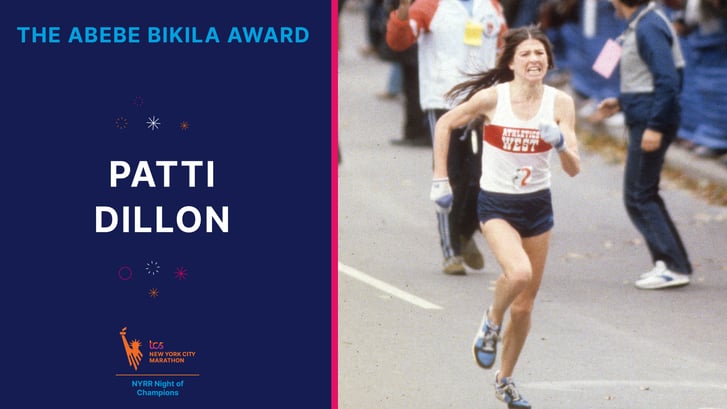 Photo of Patti Dillon at 1980 NYC Marathon opposite text