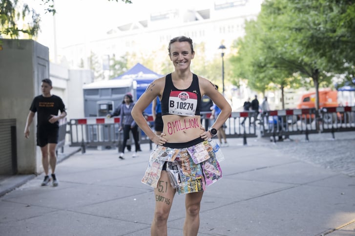 Tina Muir wearing a recycled skirt at 2023 New Balance Bronx 10 Mile