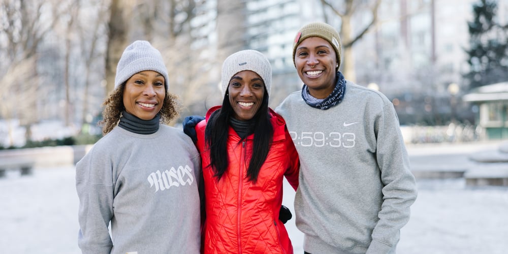 Runners Erica Stanley-Dottin, Rolanda Bell, and Dannielle McNeilly in Central Park on snowy day.