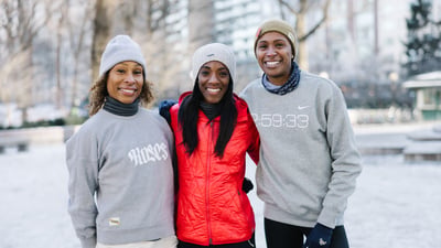 Runners Erica Stanley-Dottin, Rolanda Bell, and Dannielle McNeilly in Central Park on snowy day.