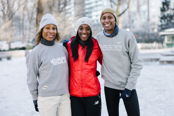 Runners Erica Stanley-Dottin, Rolanda Bell, and Dannielle McNeilly in Central Park on snowy day.