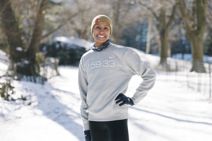 Runner Dannielle McNeilly in Central Park on snowy day.
