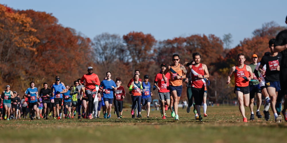 Cross country runners with hill in distance at NYRR race in Van Cortlandt Park on November 19 2023