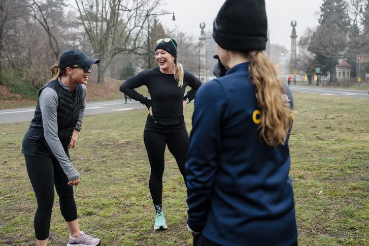 3 women runners in Prospect Park Brooklyn at NYRR Group Training in 2024