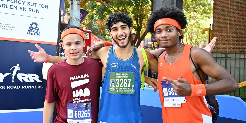 Abdel Khalil and 2 students at 2024 Percy Sutton Harlem 5K race on August 10, 2024.