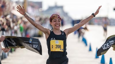 Sofia Camacho Ferral breaks the tape at the RBC Brooklyn Half.