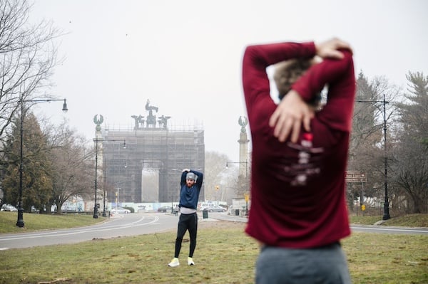 Group Training participants stretching at Prospect Park.