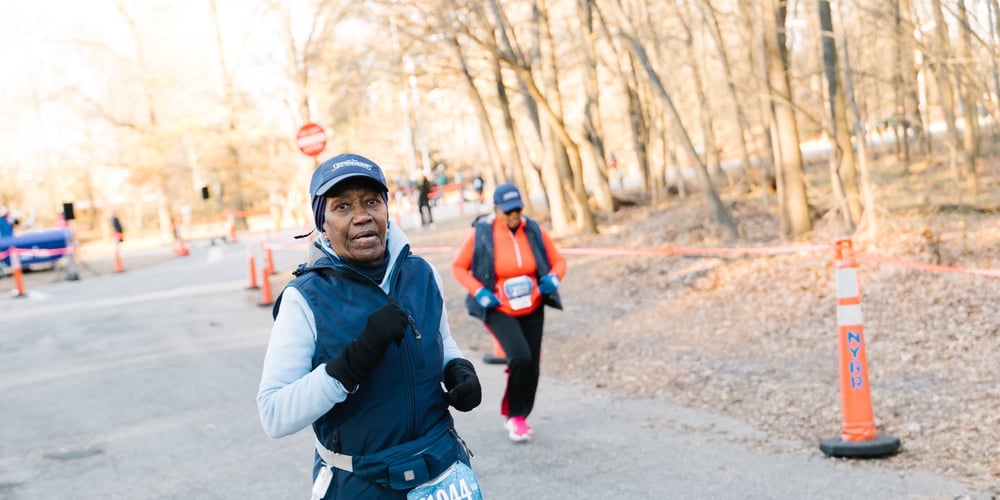 Mildred Baker running the 2024 NYRR Frosty 5K in Prospect Park