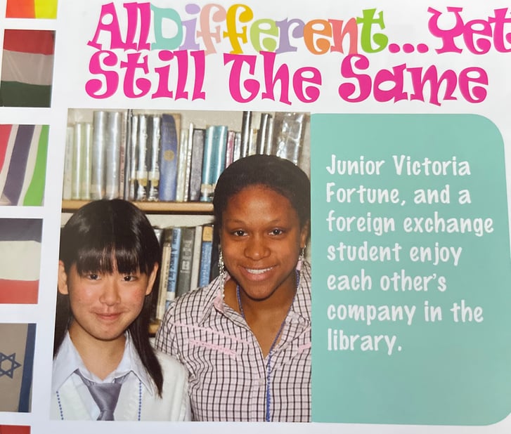 Victoria Fortune and Sakiko from high school yearbook with text and flags