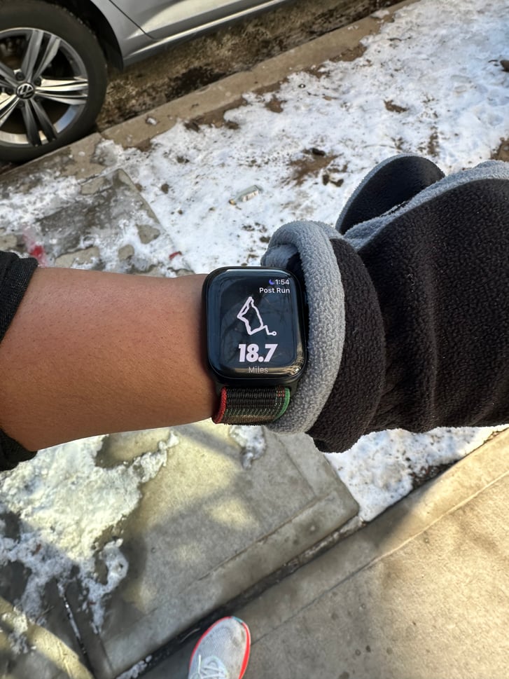 Victoria Fortune wristwatch with long run in Prospect Park winter 2025