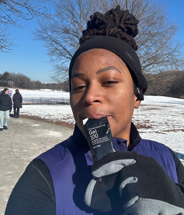Victoria Fortune eating Maurten gel on training run in Prospect Park 2025