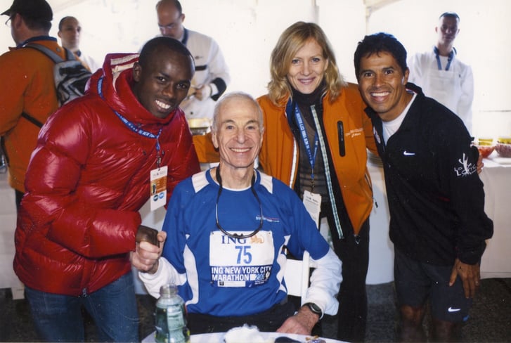 George Hirsch (seated) placed first in his age group at the 2009 New York City Marathon