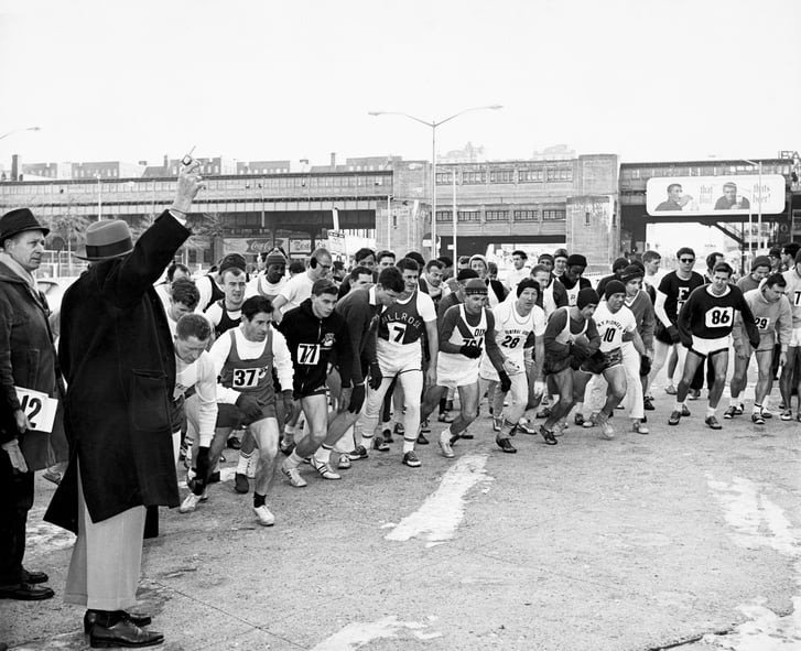 The start of the fifth annual Cherry Tree Marathon, February 24, 1963, near Yankee Stadium in the Bronx.