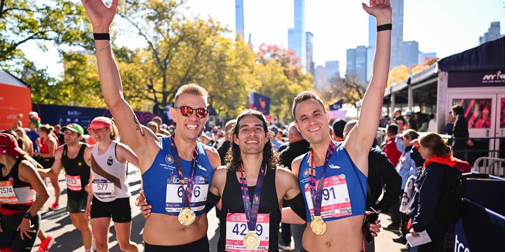 J Solle, Jacob Caswell, and Daniel Mata at the TCS New York City Marathon finish area