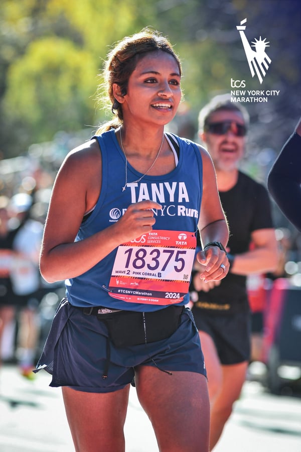 Tanya Ravichandran running the TCS New York City Marathon.