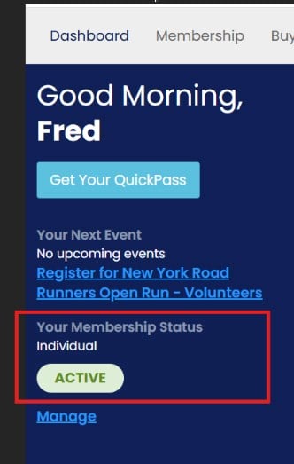 Screenshot of where to find the member number ID in runner dashboard