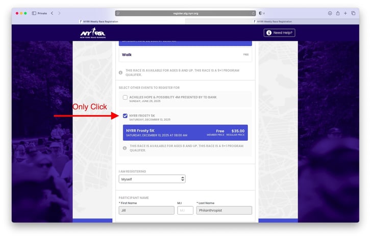 Screenshot of how to register for multiple races with one click