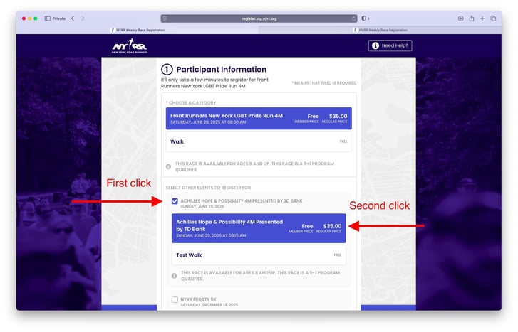 Screenshot of how to register for multiple races with two clicks