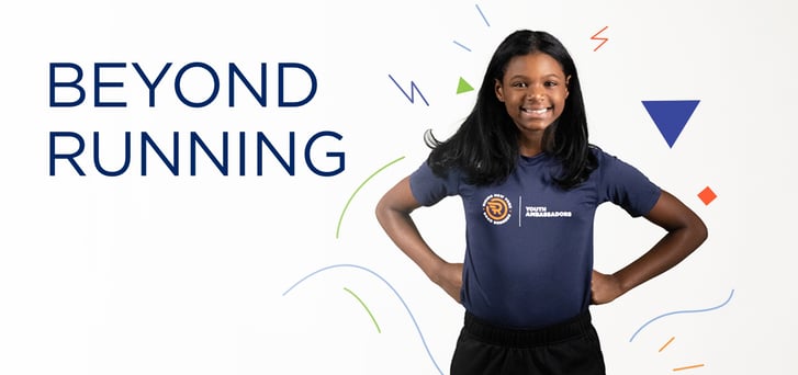 A Rising New York Road Runners student with the text "Beyond Running" next to her