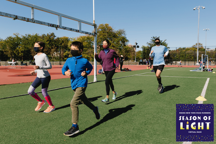 Youth running at the filed and Season of Light logo