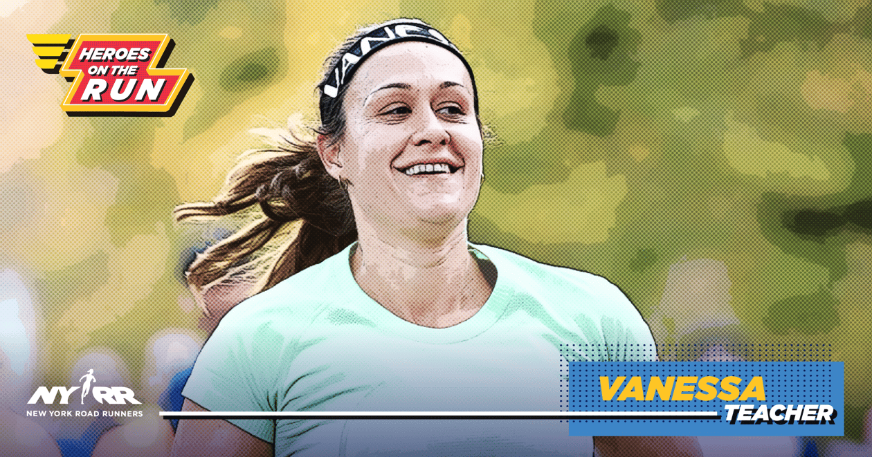 Vanessa DiServio running in a race, with the Heroes on the Run logo and "Vanessa: Teacher" overlaid