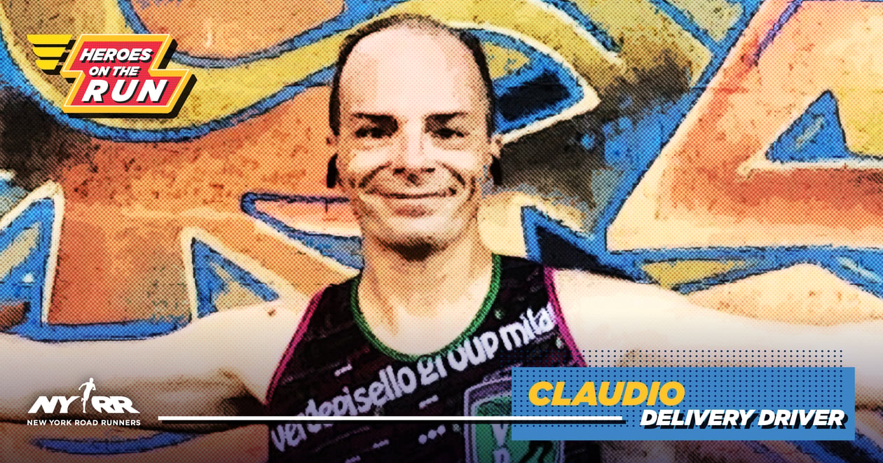 Claudio Grassi standing in front of a wall, with the Heroes on the Run logo and "Claudio: Delivery Driver" overlaid