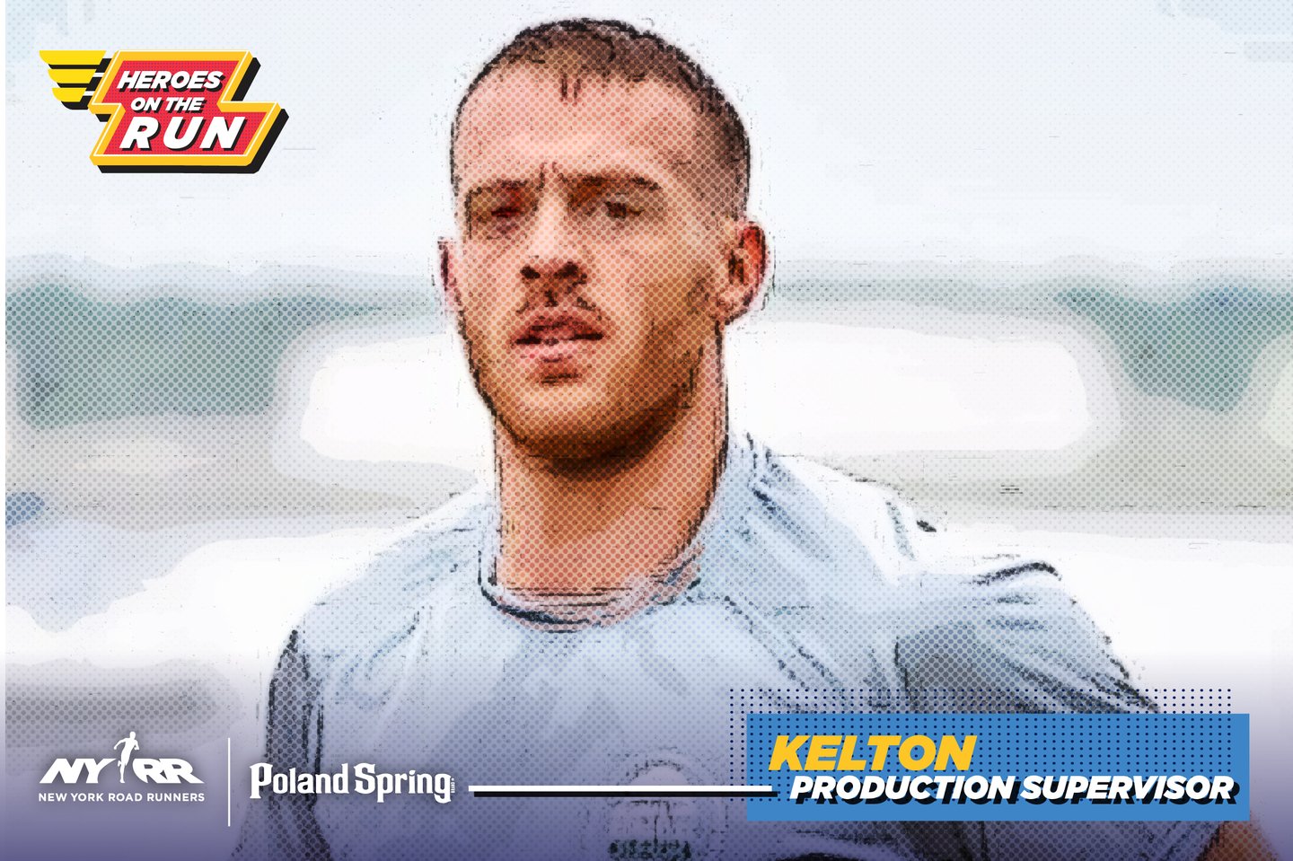 NYRR Hero on the Run Kelton Miller on a run, with the Heroes on the Run logo and "Kelton: Production Supervisor" overlaid