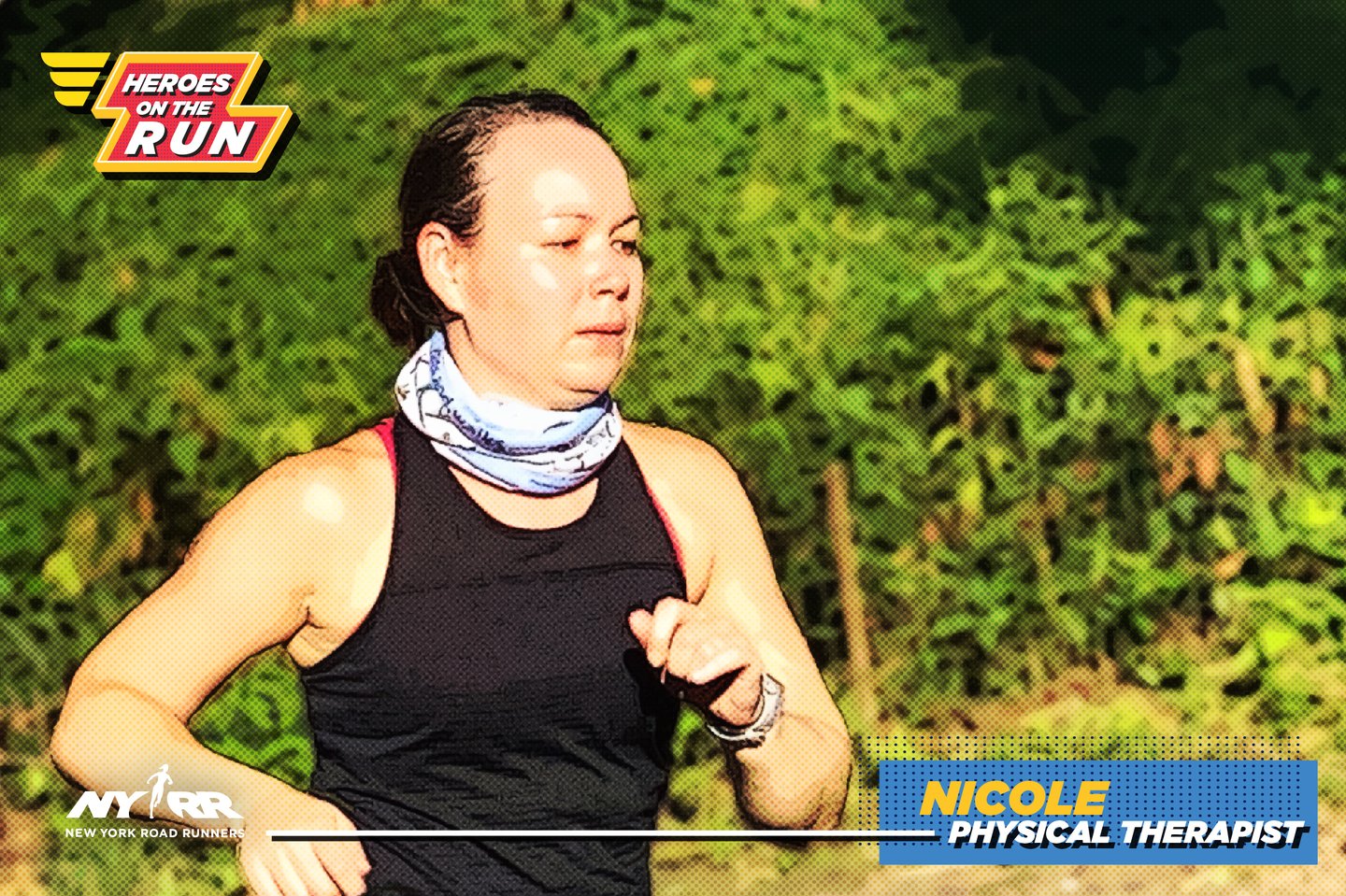 Nicole Pieszchata running with the Heroes on the Run logo overlaid and a lower-third graphic reading: "Nicole: Physical Therapist"