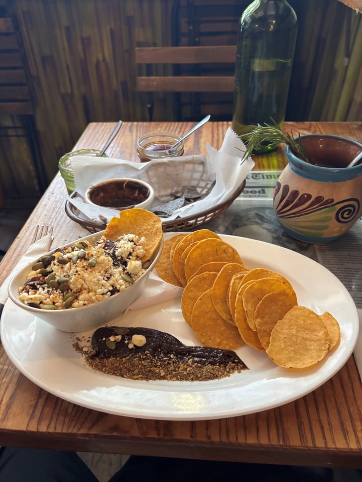 Hot Figs tortilla chips and hot chocolate at lx Restaurant.