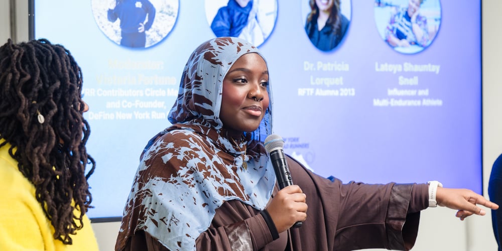 Safiatu Diagana speaking on a panel for National Girls and Women in Sports Day and NYRR offices February 4, 2026.