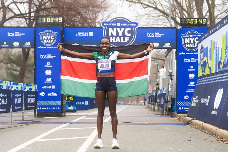 Champion Sharon Lokedi at the finish line of the 2025 United Airlines NYC Half