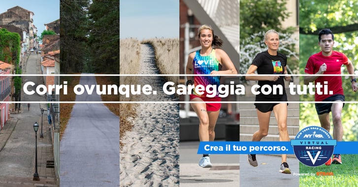 Images of runners with text overlaid: "Corri ovunque. Gareggia con tutti."