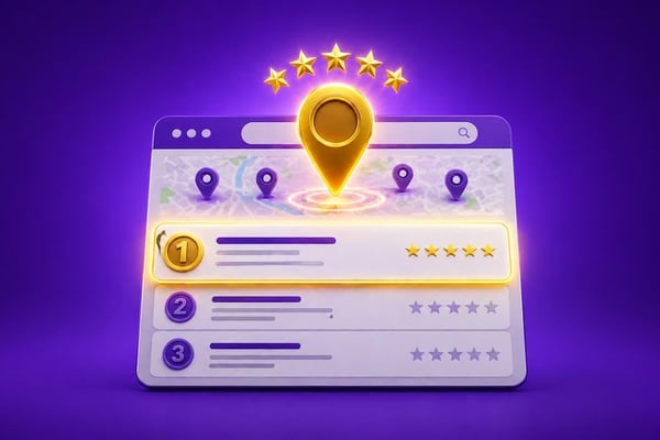 A browser window over a map showing three ranked local listings with star ratings, the top one highlighted