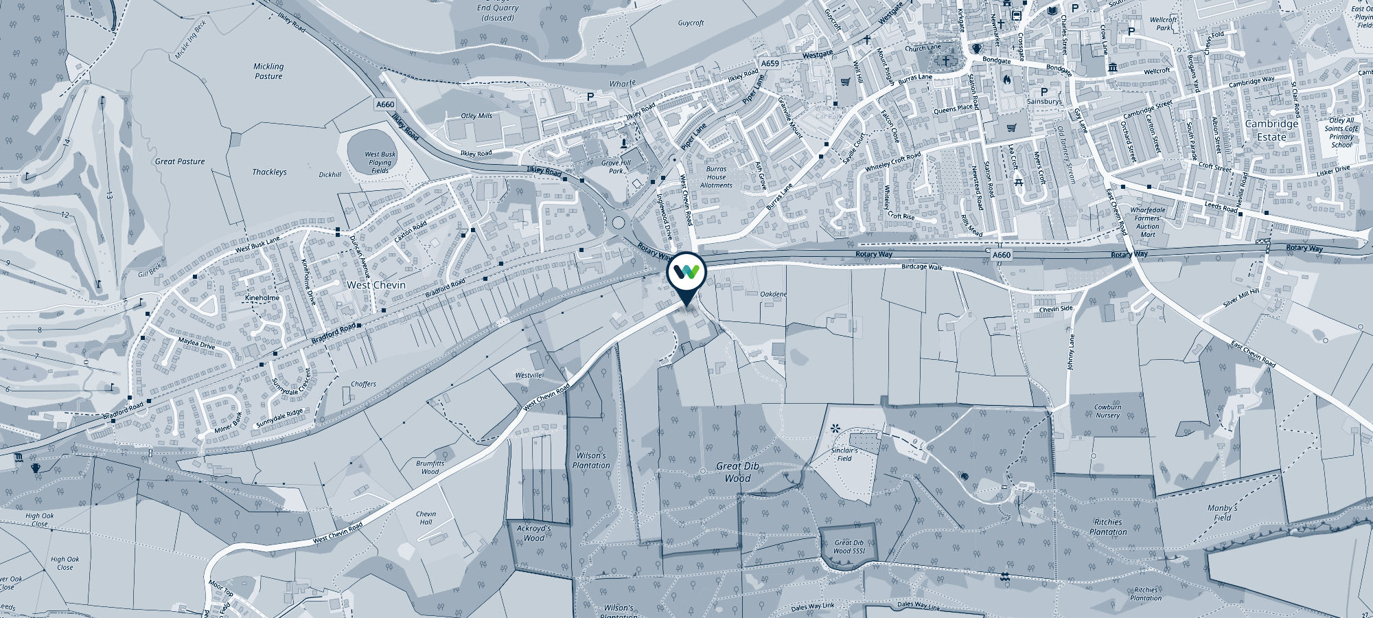 Map of West Chevin Business Centre on West Chevin Road, Otley, just south of the A660