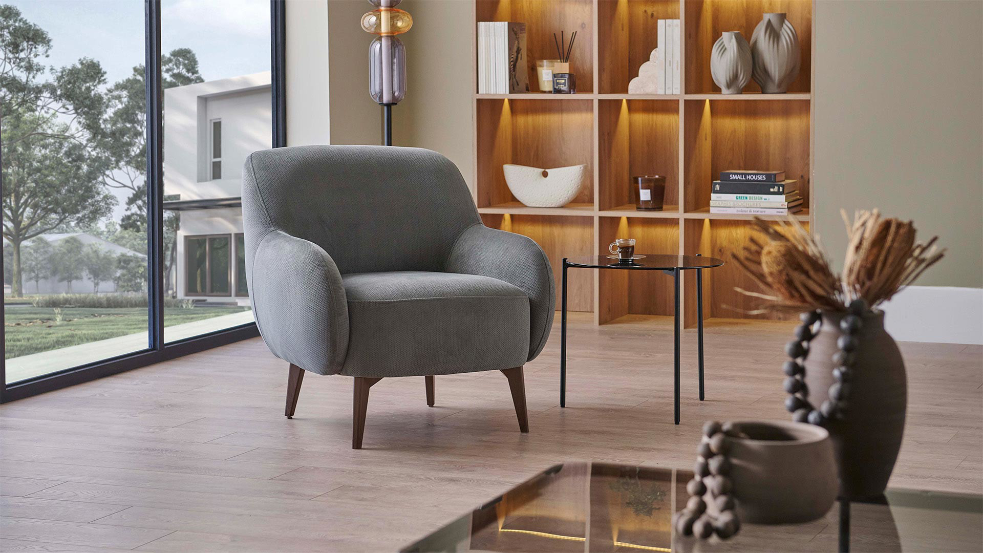 Close view of an upholstered sofa with textured fabric