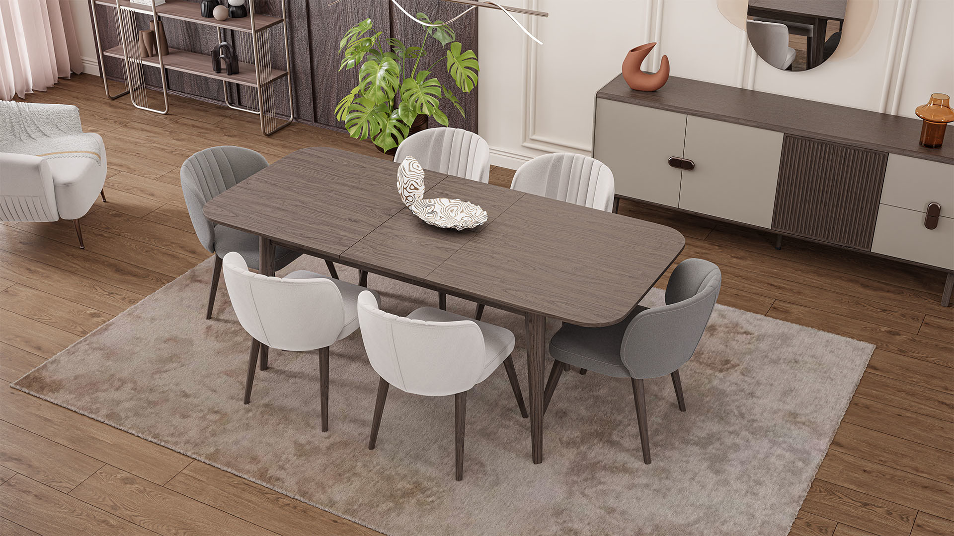 Modern dining zone in restrained natural colors