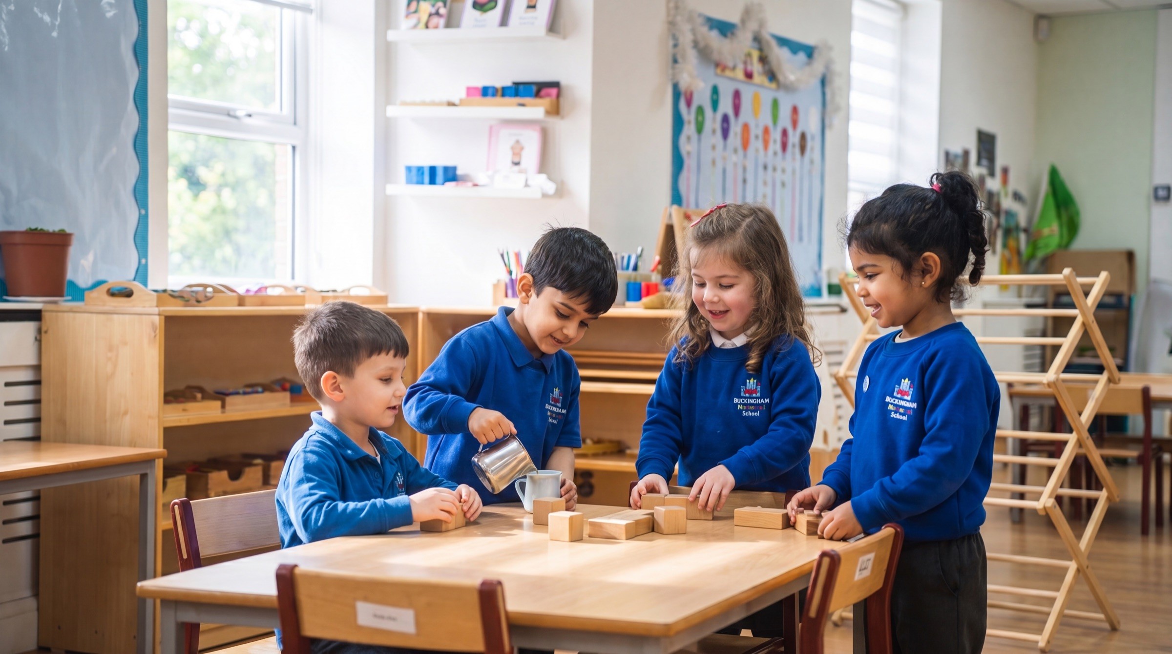 A diverse group of nursery children working together with wooden blocks at a table